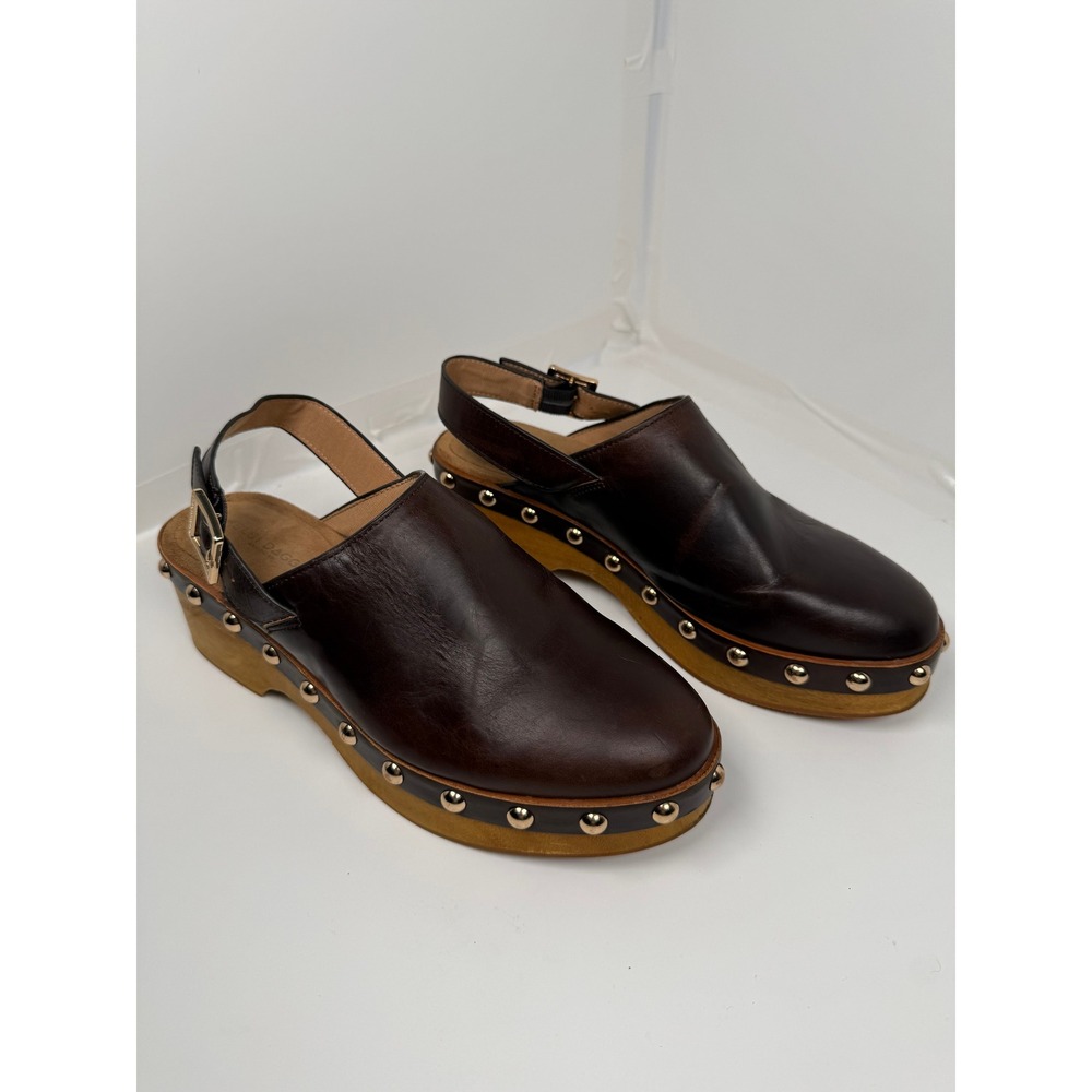 Kelsi Dagger Clogs Womens 8 Brown Leather Studded Wooden Platform Slingback